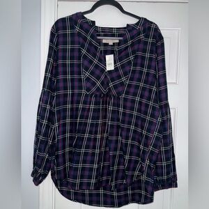 NWT LOFT Ann Taylor Plaid Popover Tunic Top V Neck Navy, Red White Plaid SZ M